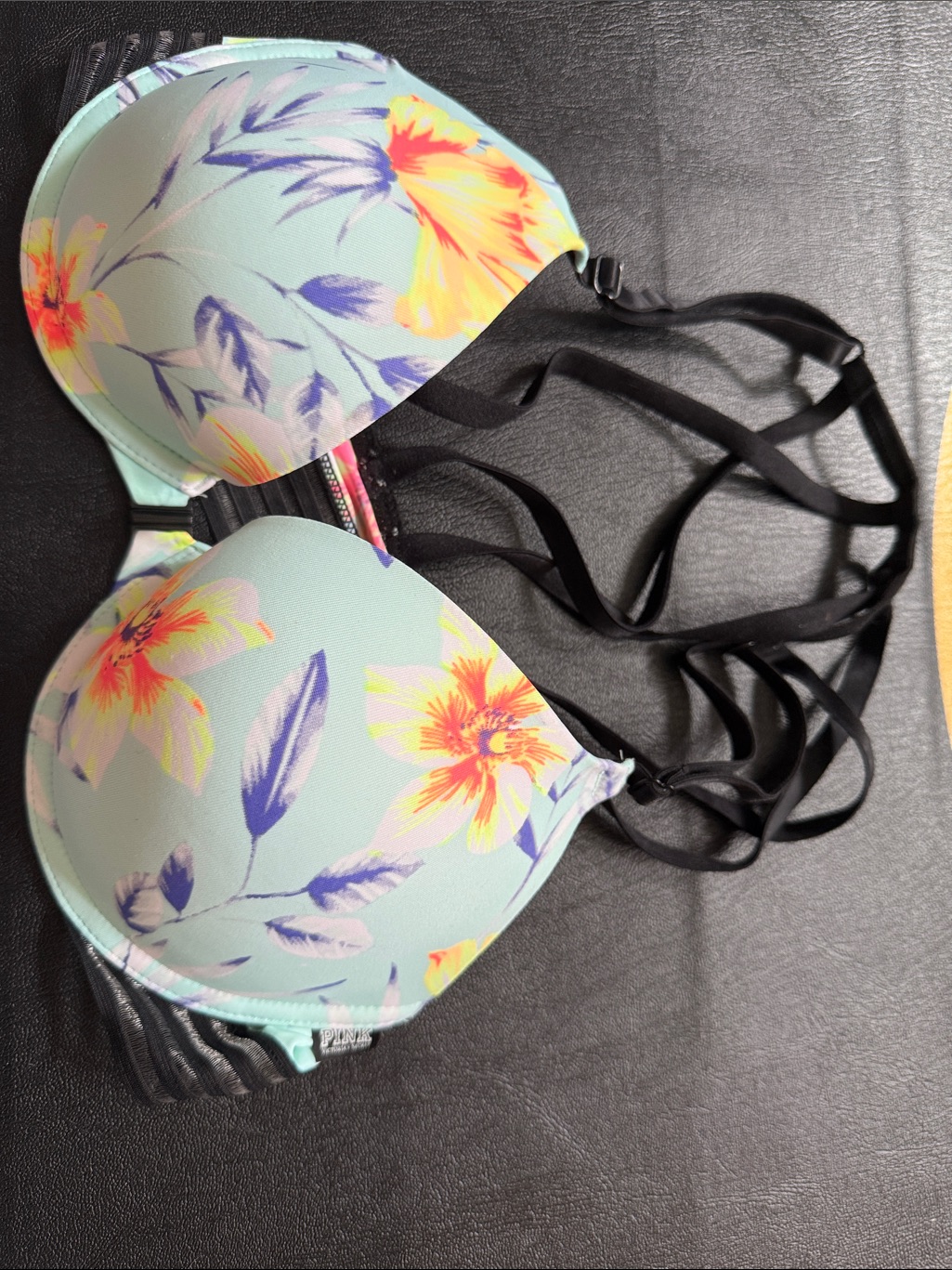 Pink Victoria's Secret Mint Floral Strappy Push-Up Bra With Black Back Straps